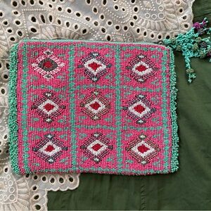 Anthropologie JASPER & JEERA beaded boho clutch TEAL PINK TASSLE seed beads